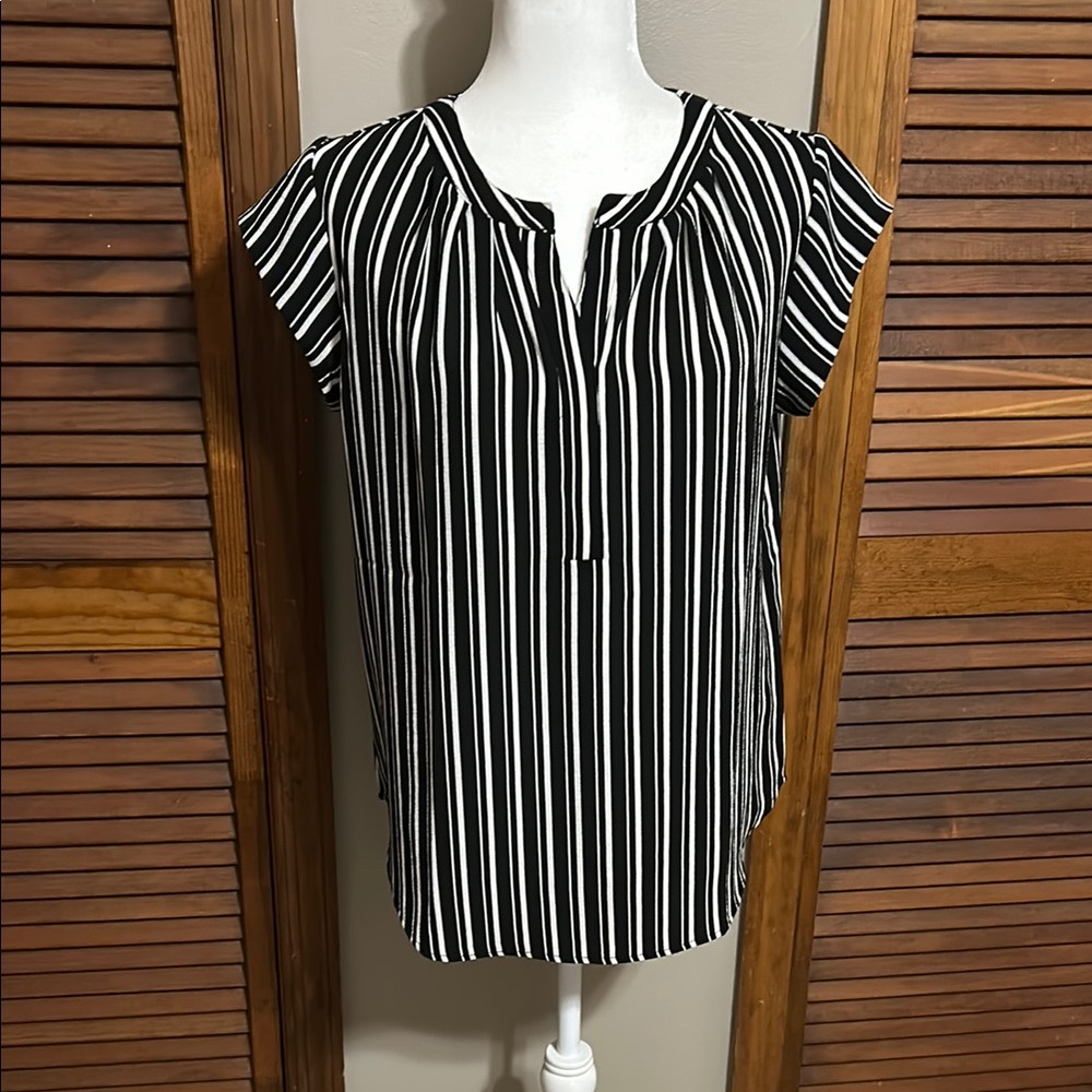 41 Hawthorn Black and White V-Neck Cap Sleeve Blouse